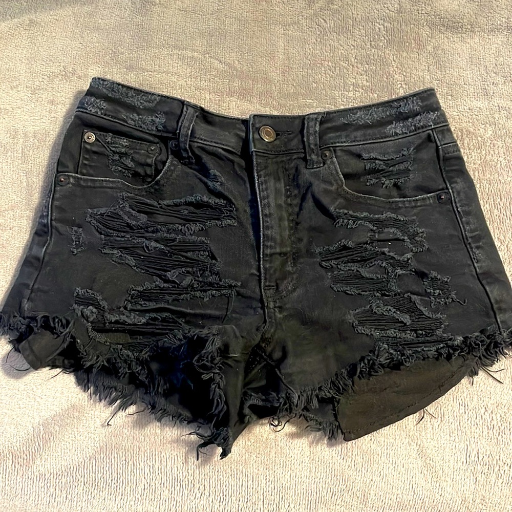 Black American Eagle Destroyed Denim Shorts